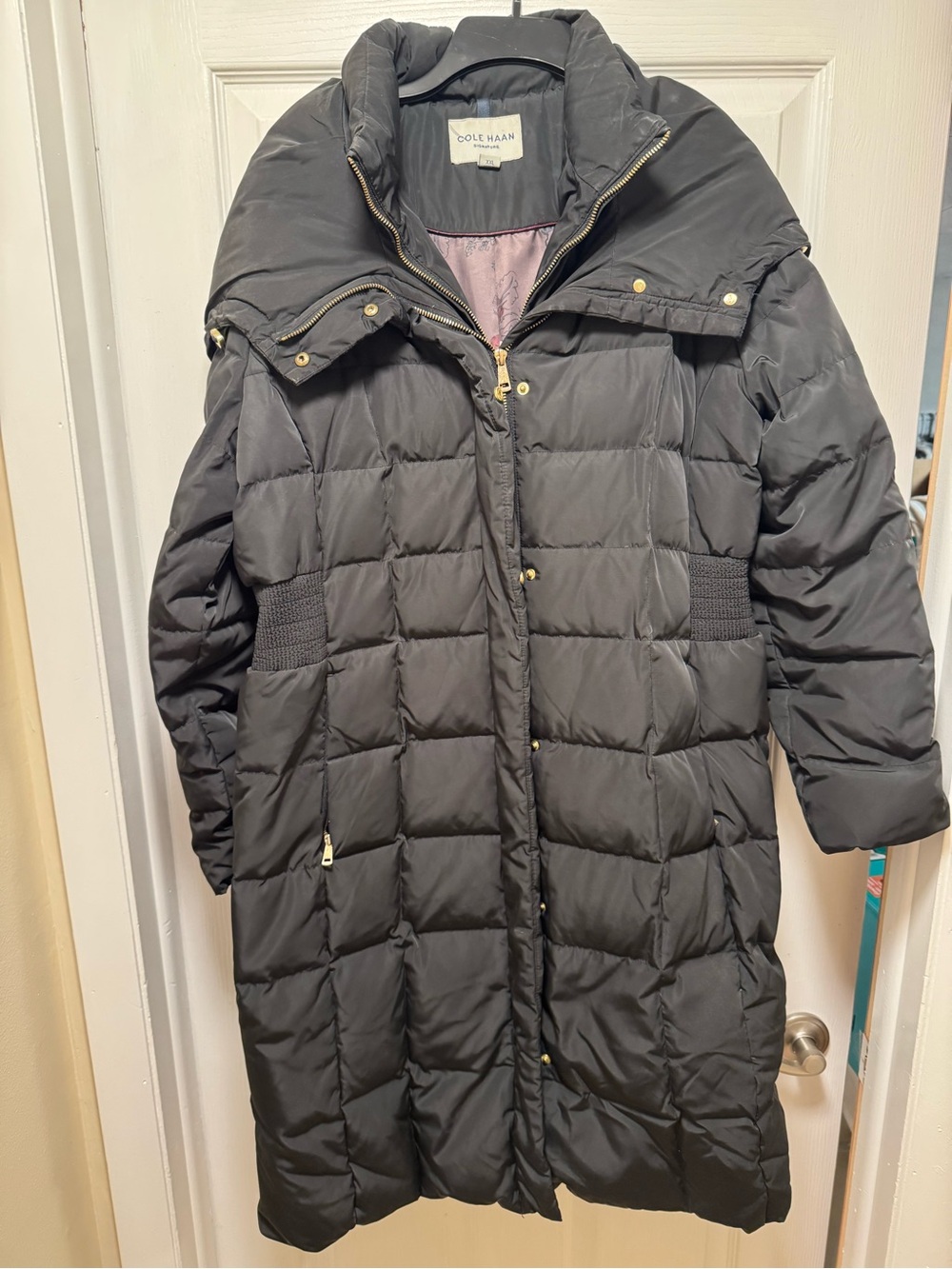 Cole Haan Black Quilted Long Puffer with Gold-Tone Hardware